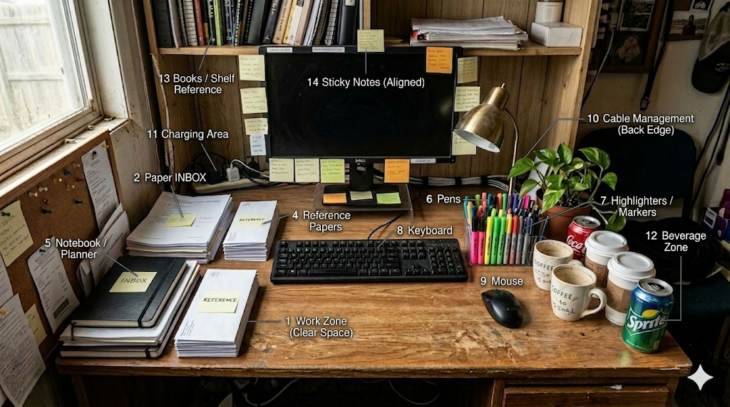 Tidy desk after with AI arrows